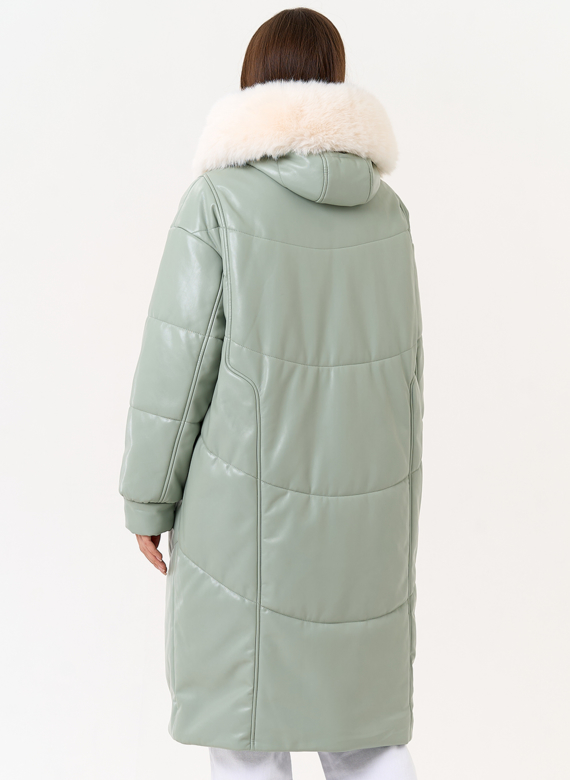 Женский пуховик из эко кожи с отделкой из эко меха