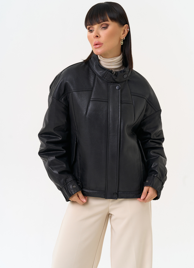 Женский пуховик из натуральной кожи черного цвета модель № 31691 в рассрочку