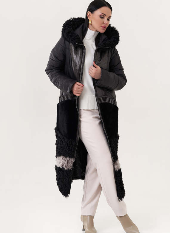 Комбинированный пуховик с капюшоном