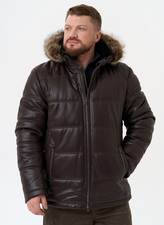 Пуховик из эко кожи с капюшоном из меха енота