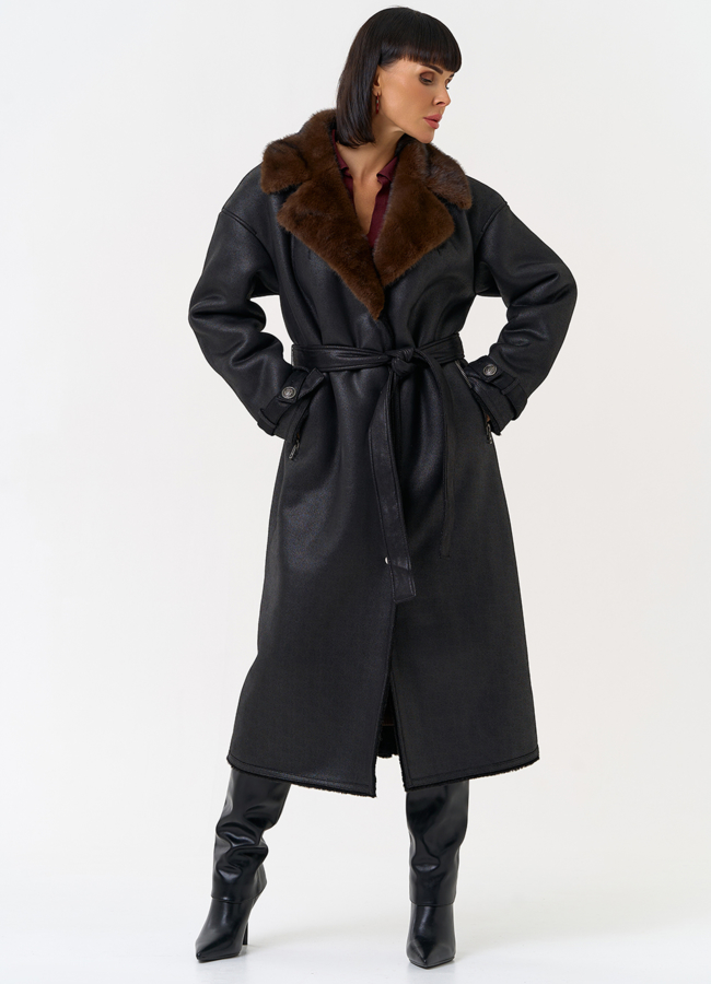 Женская дубленка из эко замши с английским воротником модель № 31507 меха малина