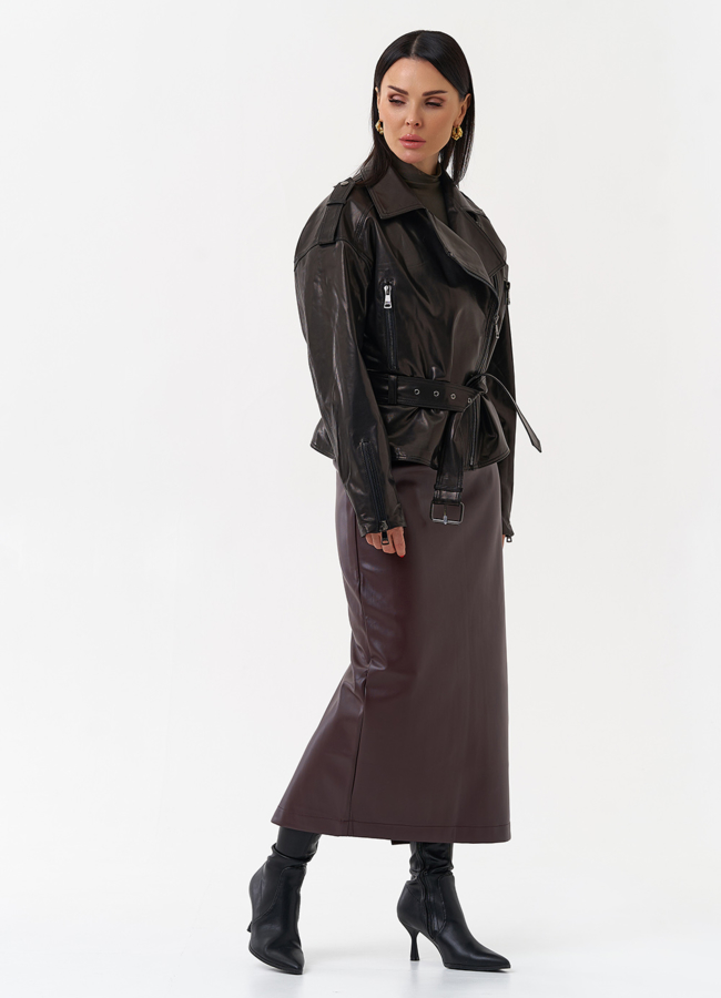 Женская кожаная куртка с поясом модель № 29916 универмаг малина