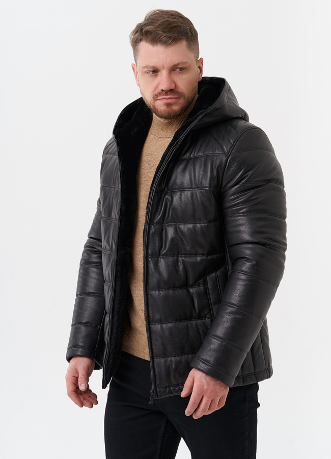 Пуховик из натуральной кожи с отделкой из мутона модель № 25453 универмаг малина