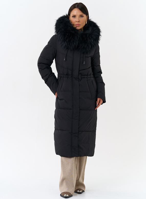 Женский пуховик с капюшоном из меха чернобурки