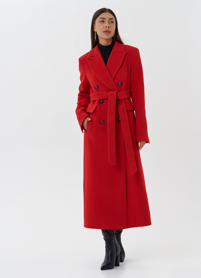 Двубортное пальто с английским воротником модель № 27678 меха малина