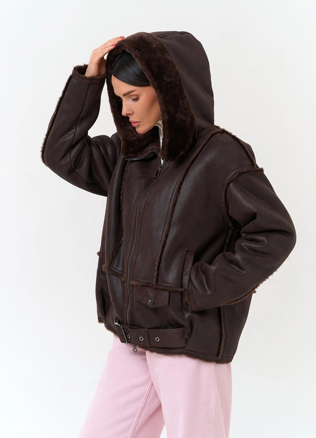 Женская дубленка бомбер из эко замши модель № 33887 в кредит