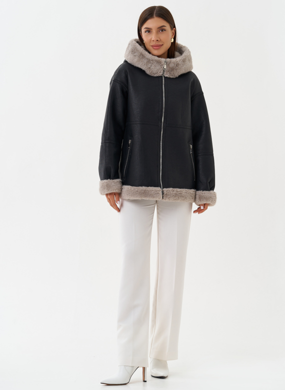 Женская эко дубленка с капюшоном