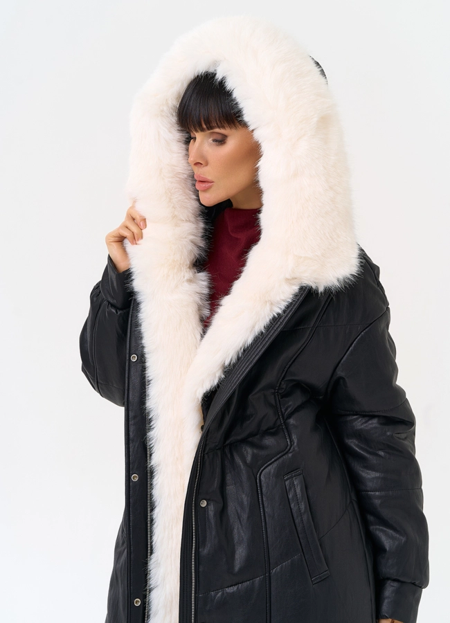 Женский пуховик из эко кожи со съемным эко мехом модель № 30718 универмаг малина