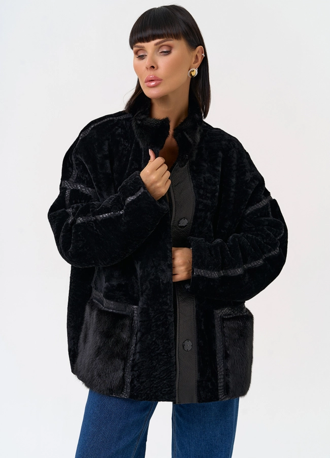 Женская двухсторонняя дубленка с воротником стойкой модель № 31480 универмаг малина