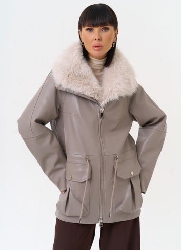Удлиненная куртка из эко кожи с воротником из эко меха