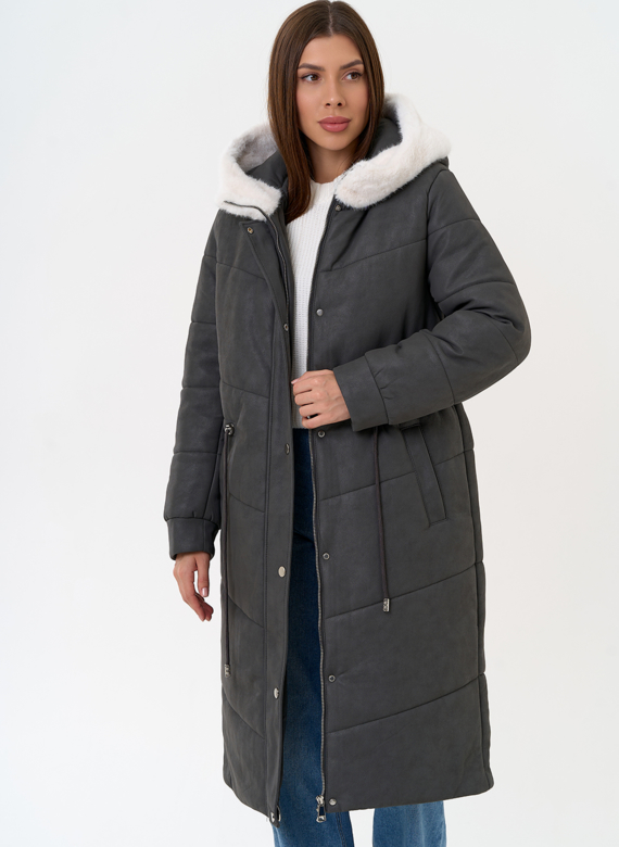 Женское пальто из эко кожи с капюшоном