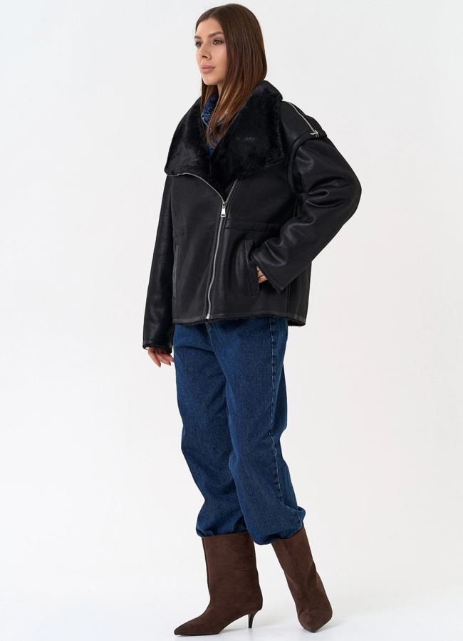 Женская дубленка из эко замши в черном цвете модель № 31433 в рассрочку