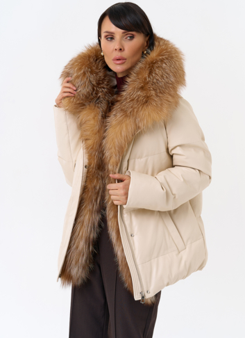 Женский пуховик из эко кожи с отделкой из натуральной лисы Женский пуховик из эко кожи с отделкой из натуральной лисы