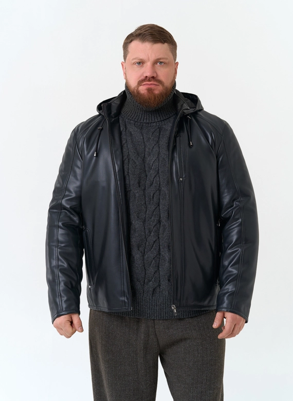 Мужская куртка из эко кожи с капюшоном  фото