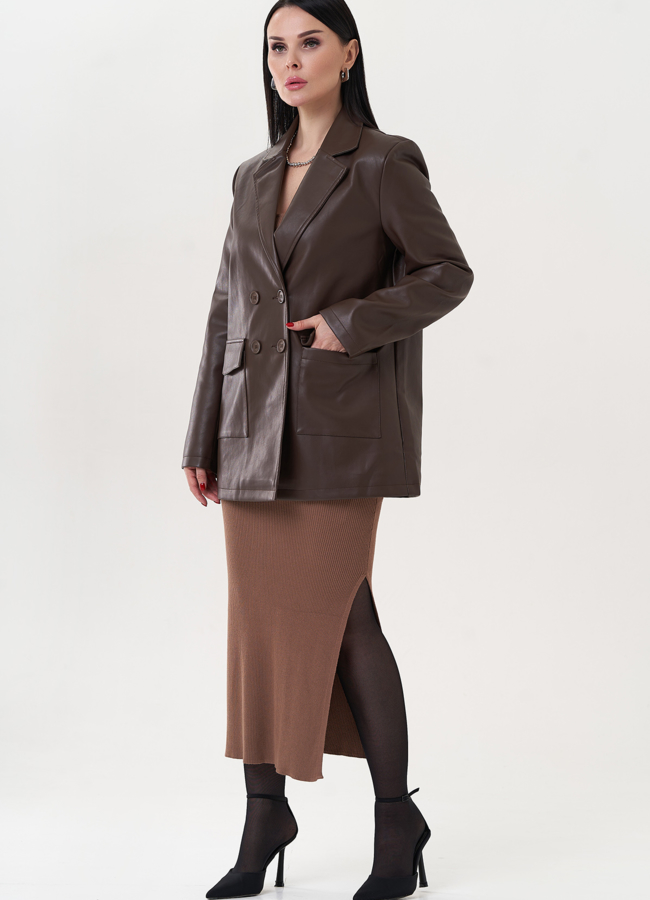 фото Пиджак коричневого цвета из эко кожи модель № 25022