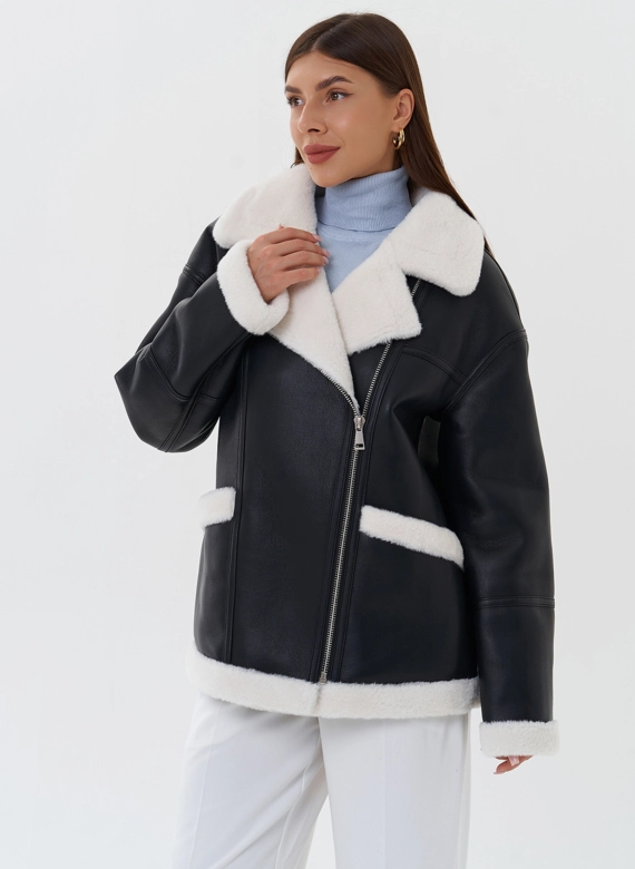 Дубленка из эко кожи черного цвета с черным эко мехом