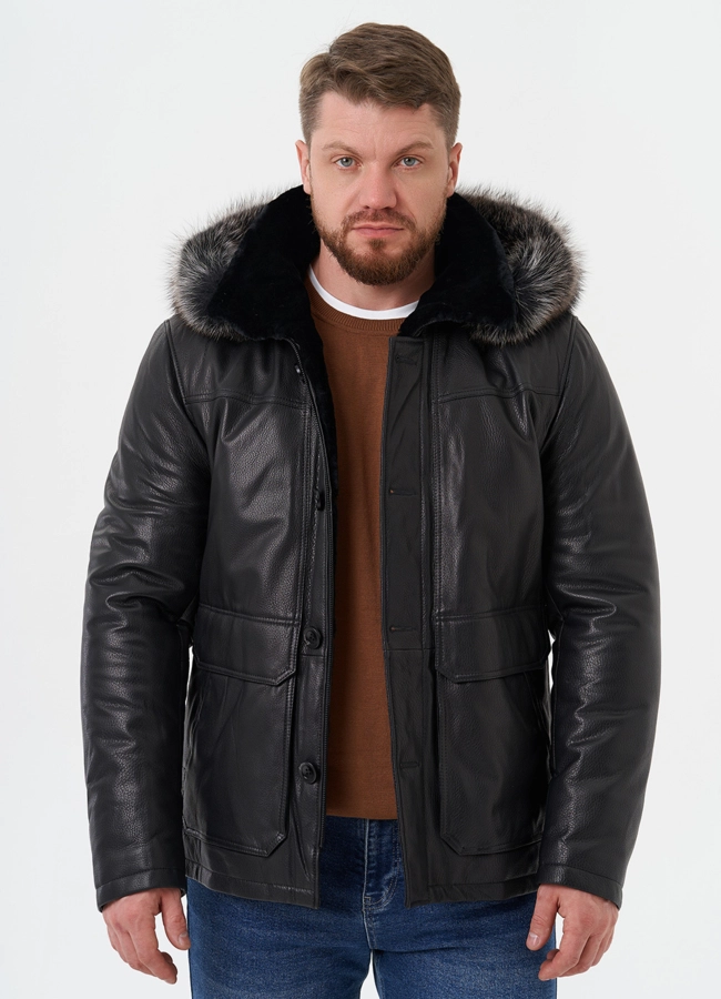 Пуховик из натуральной кожи с мехом енота модель № 25995 универмаг малина