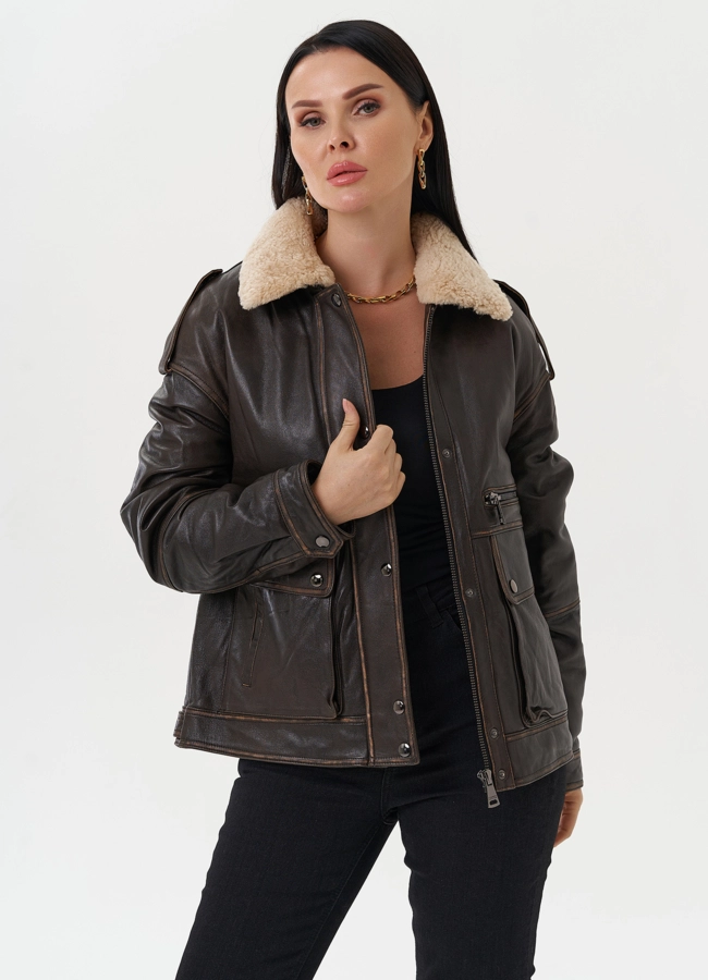 Кожаная куртка-пилот  модель № 28112 универмаг малина