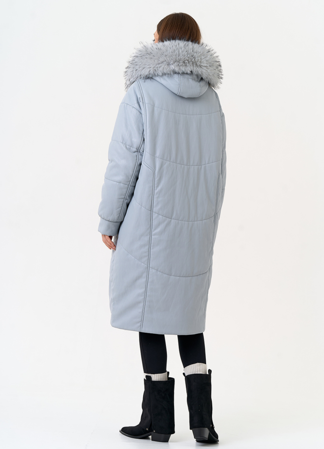 Женский пуховик из эко кожи с отделкой из эко меха модель № 30720 в рассрочку