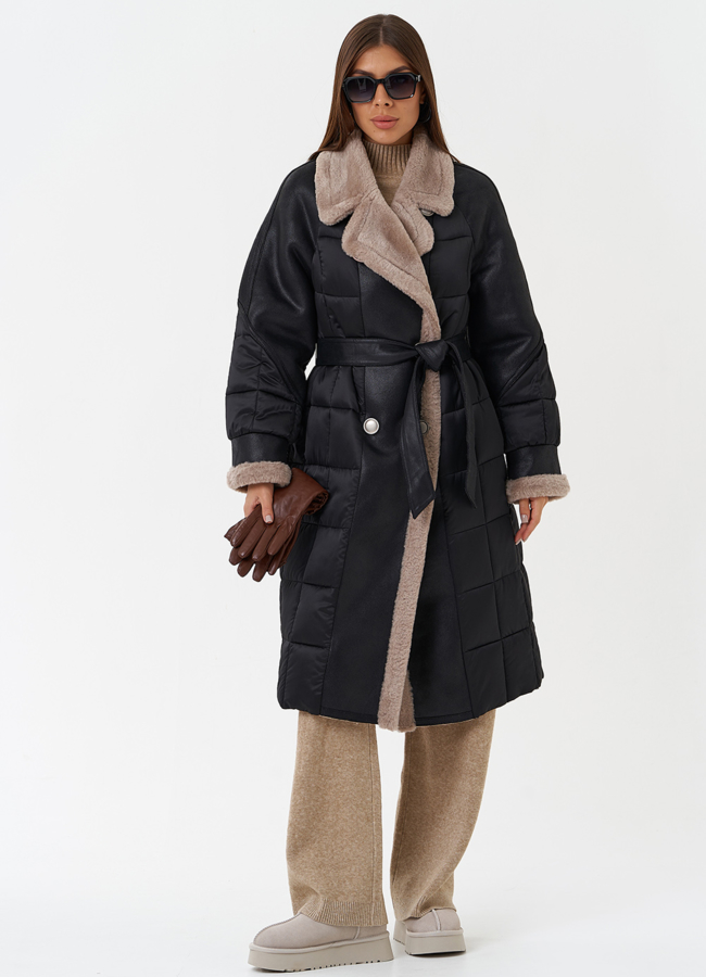 Комбинированный пуховик из эко кожи модель № 27736 меха малина