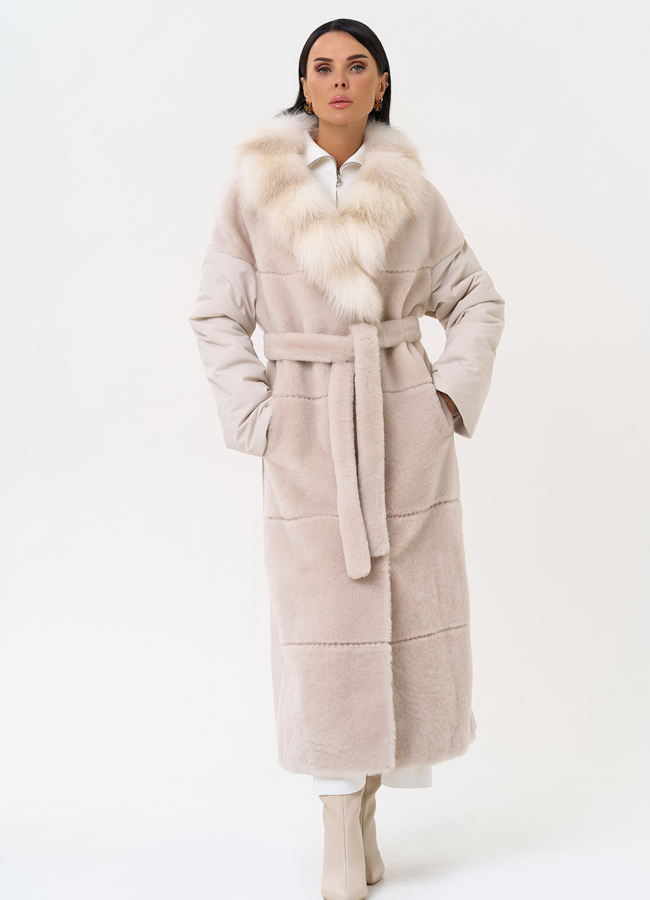 Комбинированное женское пальто из меха овчины с поясом модель № 31401 универмаг малина
