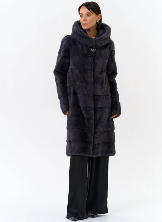Норковая шуба в цвете графит с капюшоном 