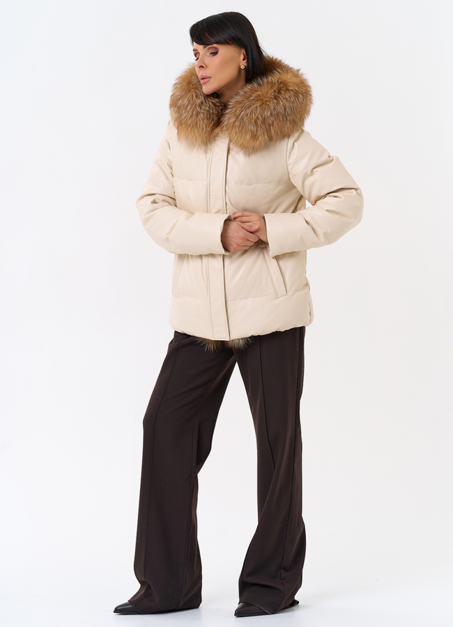 Женский пуховик из эко кожи с отделкой из натуральной лисы модель № 31946 универмаг малина